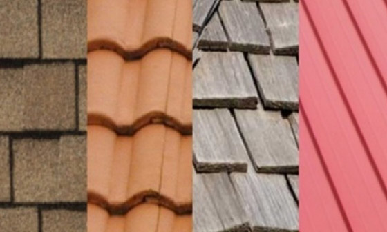 A collage of various roofing materials: Asphalt shingles, cedar shingles, metal